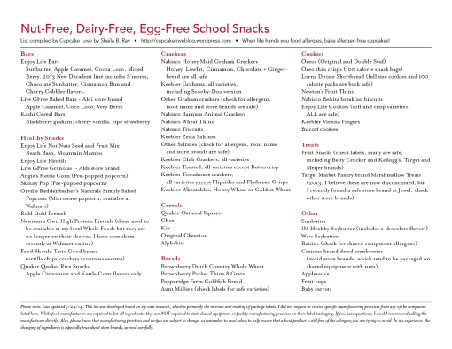 Tool for School: Download this free printable nut-free, dairy-free, egg-free snack list.