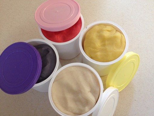 One recipe of Homemade Play Dough fits perfectly in an empty 16 oz. frosting container.